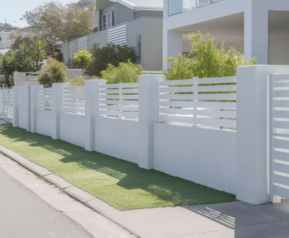 House in Ashcroft with white aluminium slat fence attached to a wall